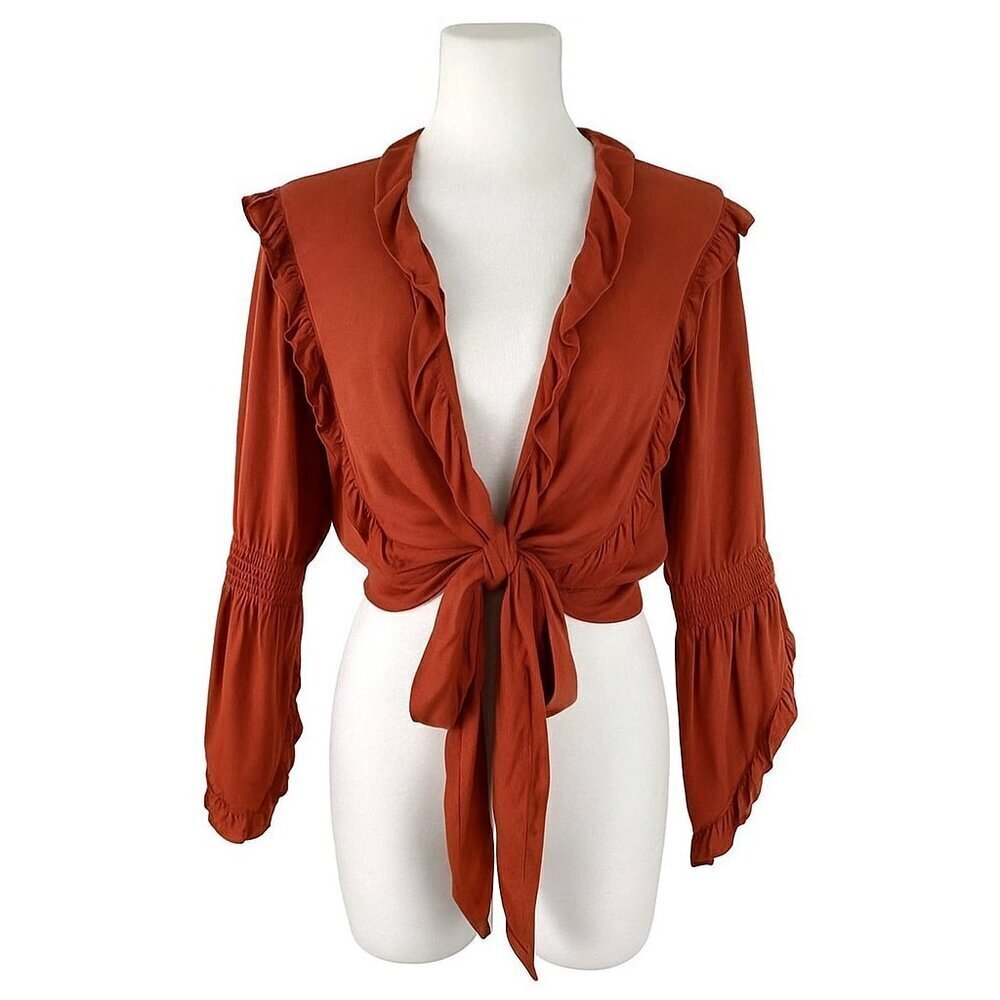 LUG VON SIGA Women’s Bianca Tie Top Ruffled Blouse Size 38 Rust/Coral Color